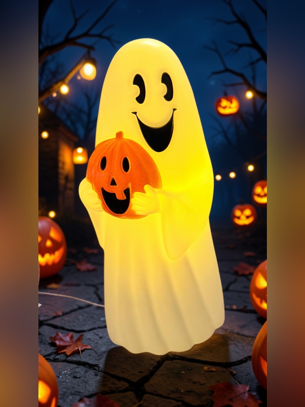 🎃NWT Halloween Light Up Ghost Holding Pumpkin decor plastic batteries included.